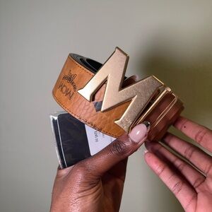 MCM Tan Leather Belt with Bold Gold M Buckle